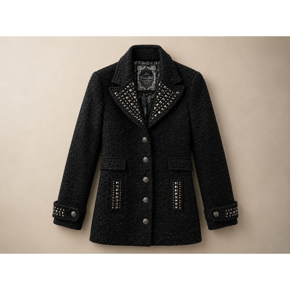 Guess Women Coat S Black Bouclé Tweed Studded Metallic Longline Blazer Jacket